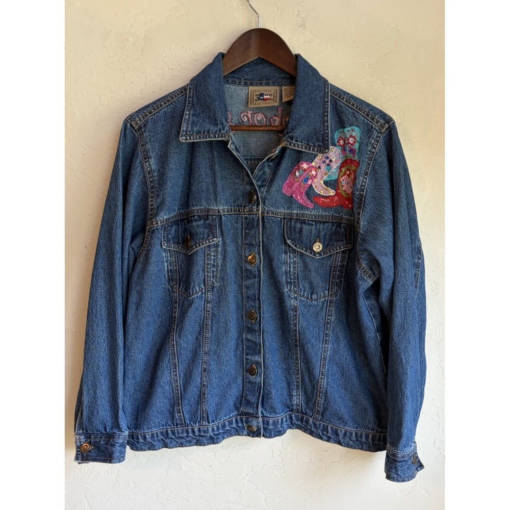 Vintage 90s Y2K Novelty Denim Button Up Jacket L Texas Cowboy Boot Western Boxy
